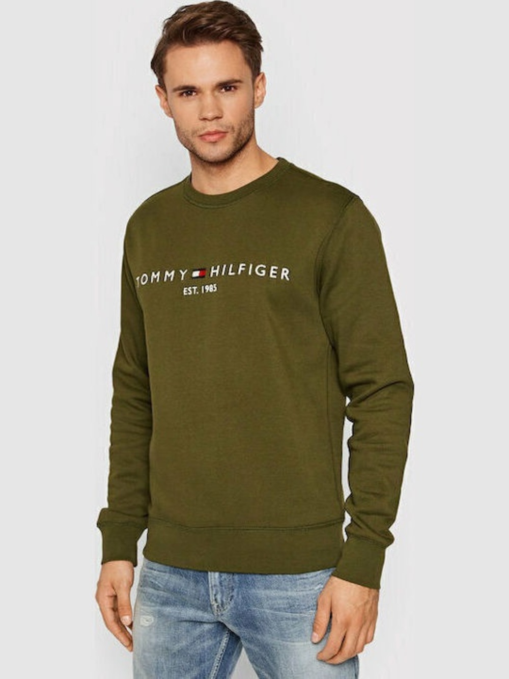 Tommy Hilfiger Olive Green Logo Crewneck Sweatshirt
